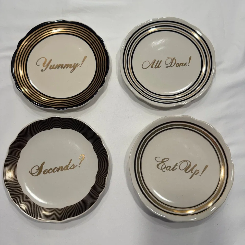 West Elm Fishs Eddy Appetizer Plates Set 4 Gold Script Scalloped 6.5